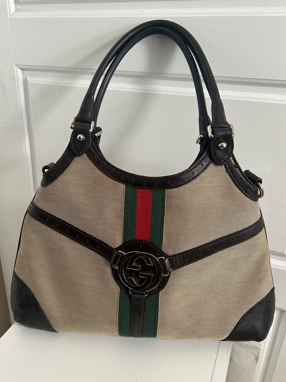 Vintage Gucci Beige Canvas Web Stripe Interlocking GG Hobo Bag - Picture 5 of 16